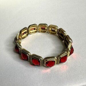 Vintage Gold-Tone Stretch Bracelet With Red Faceted Gemstones